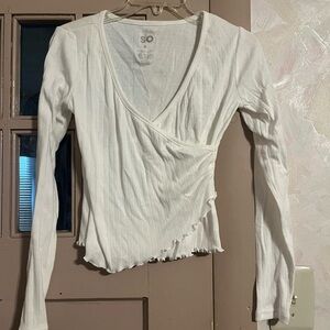 SO White Long Sleeve Ribbed Wrap Top with Ruffle Hem